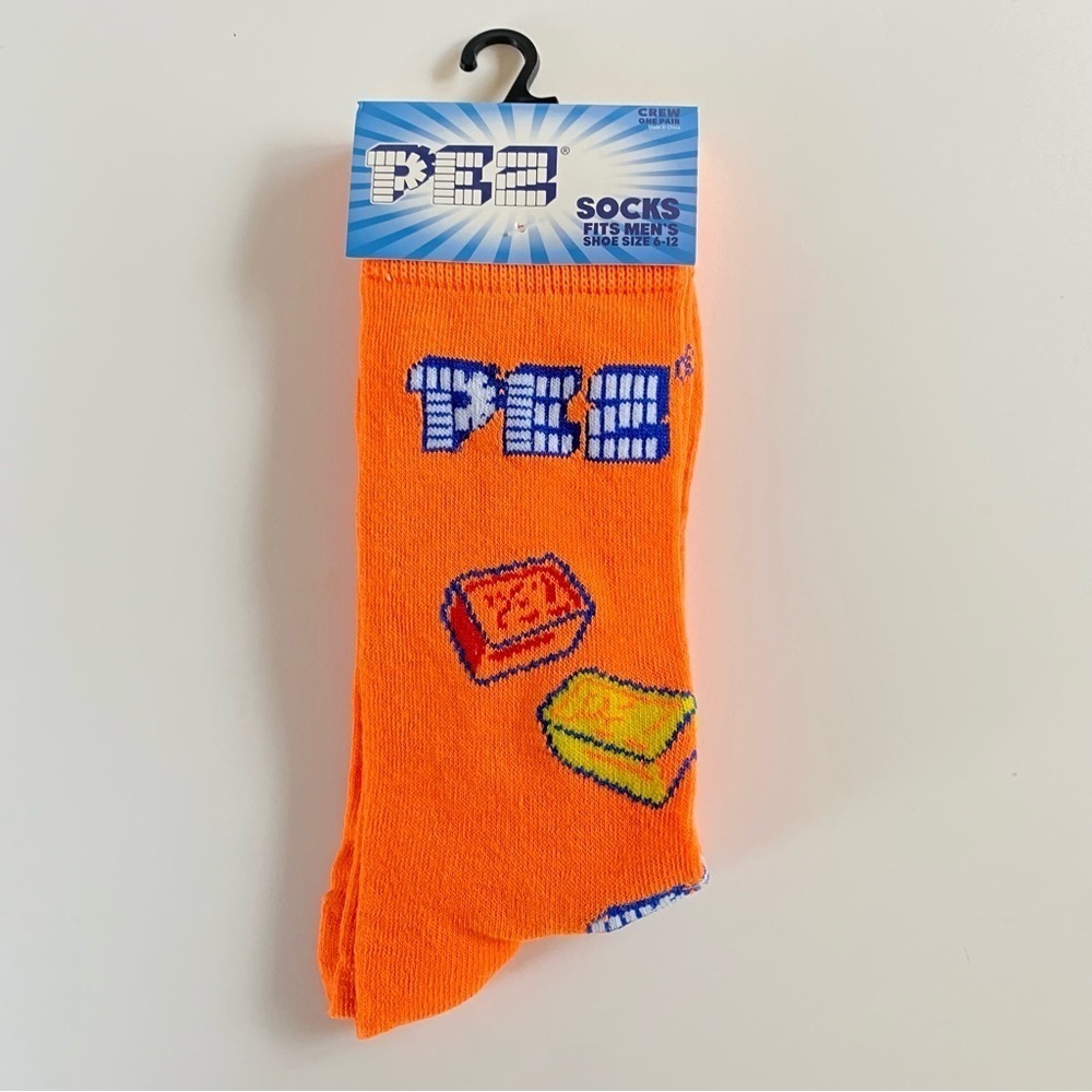 PEZ | Orange Novelty Crew Socks with PEZ Candies and Logo Men’s Size 6-12
